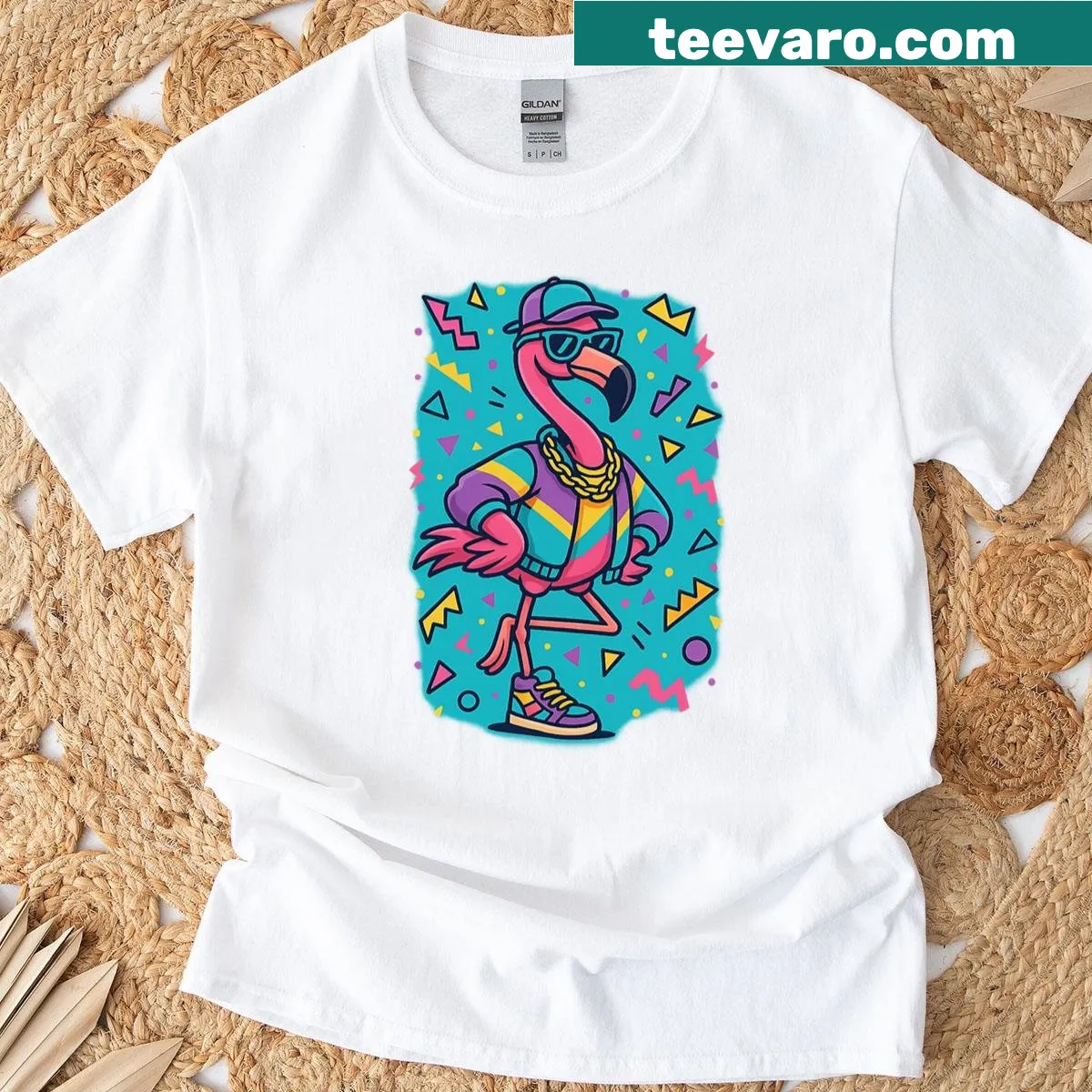 Retro flamingo t-shirt in 80s neon pop art style — on a men's t-shirt