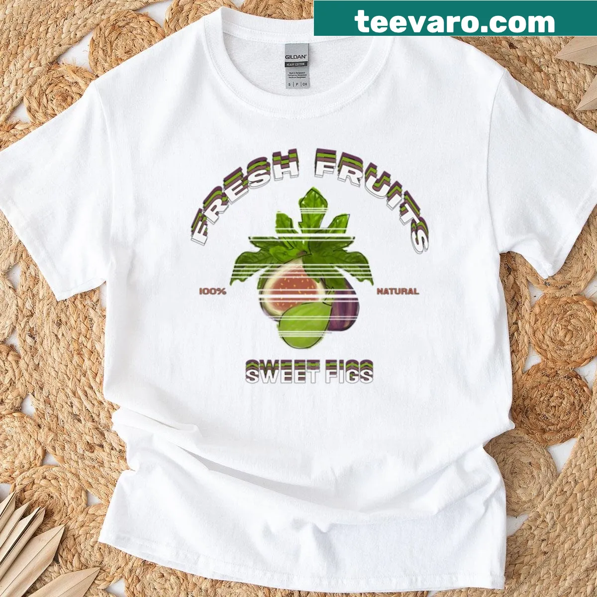 Retro T-shirt featuring playful illustrations of figs — on a men's t-shirt