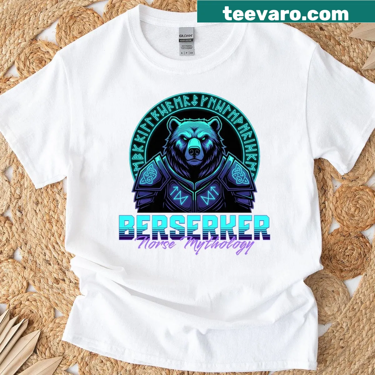 Illustrated bear design inspired by Norse mythology in retro futurism style — on a men's t-shirt