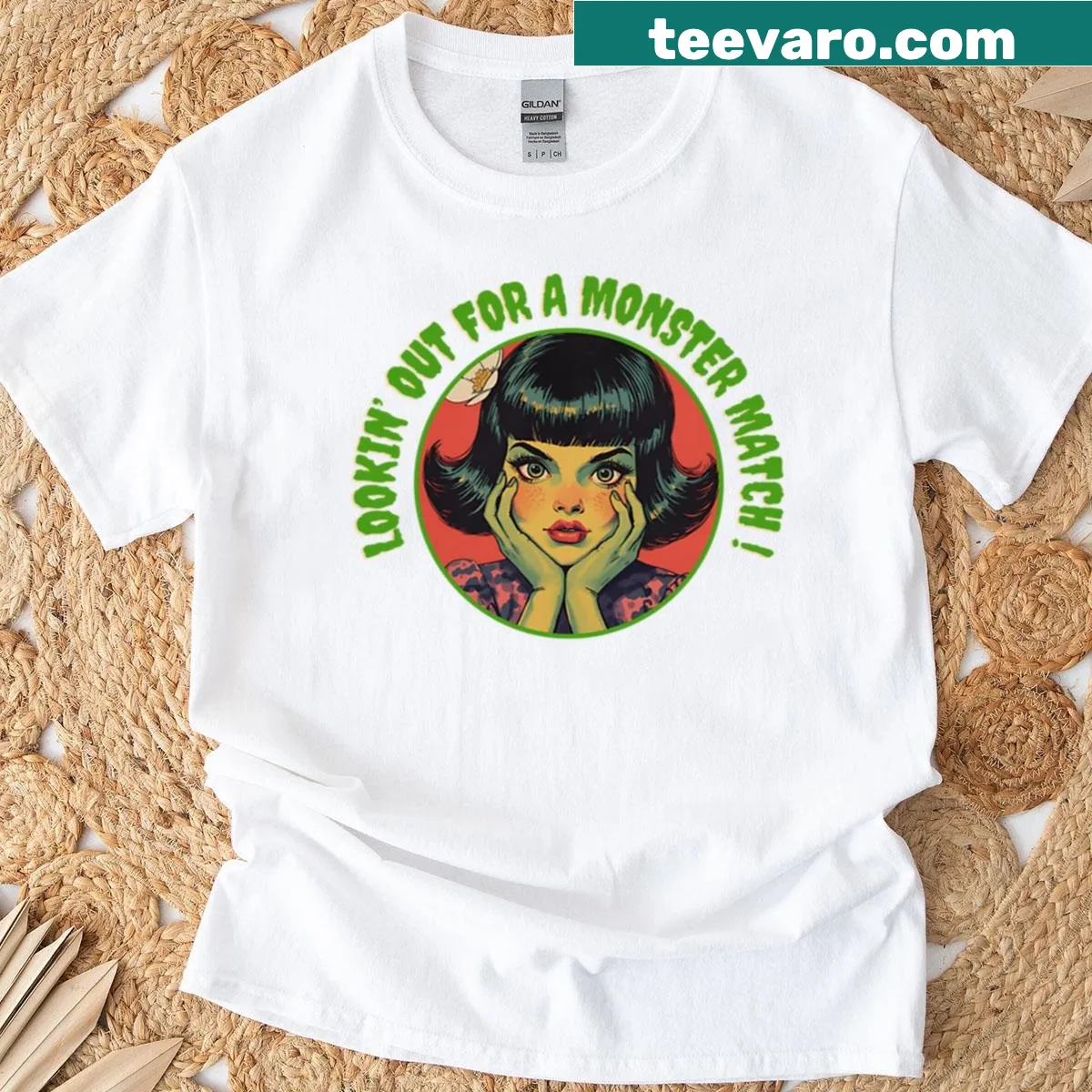 Retro illustration of a green girl monster on a T-shirt — on a men's t-shirt