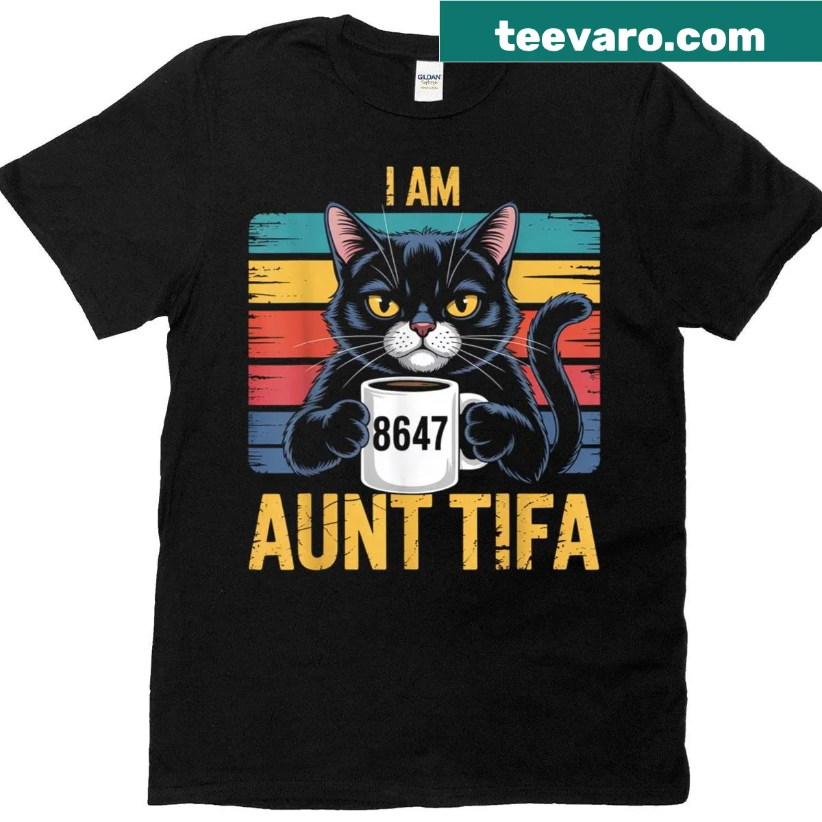 Vintage style T-shirt with humorous Aunt Tifa and cat graphic — on a men's t-shirt