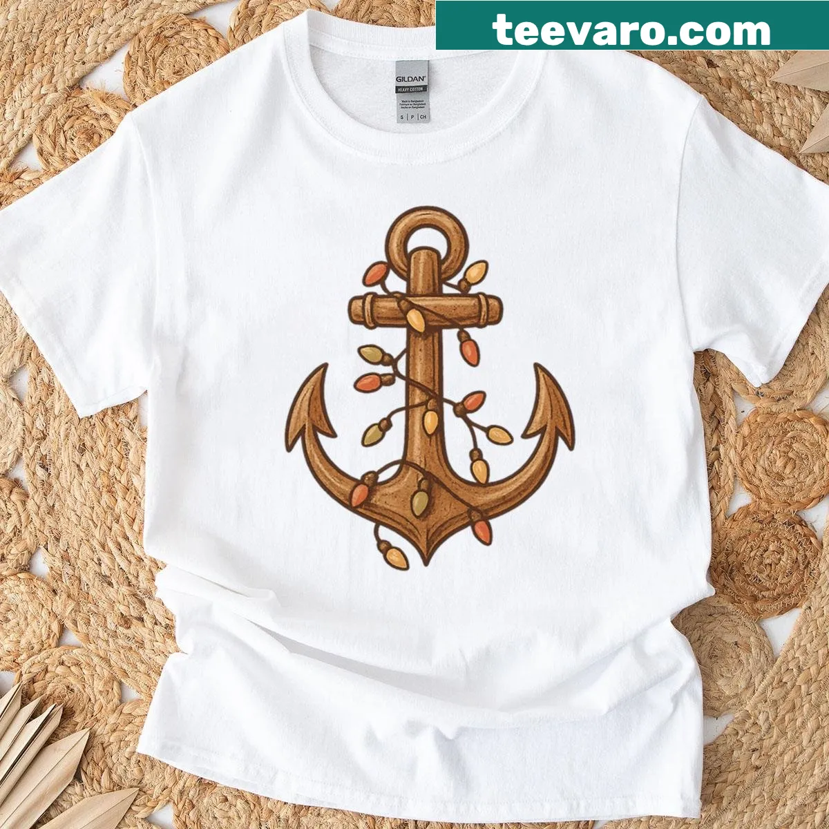 Vintage nautical anchor T-shirt with holiday lights design — on a men's t-shirt