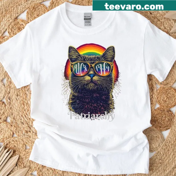 Vintage t-shirt with rainbow cat and feminist slogan design.