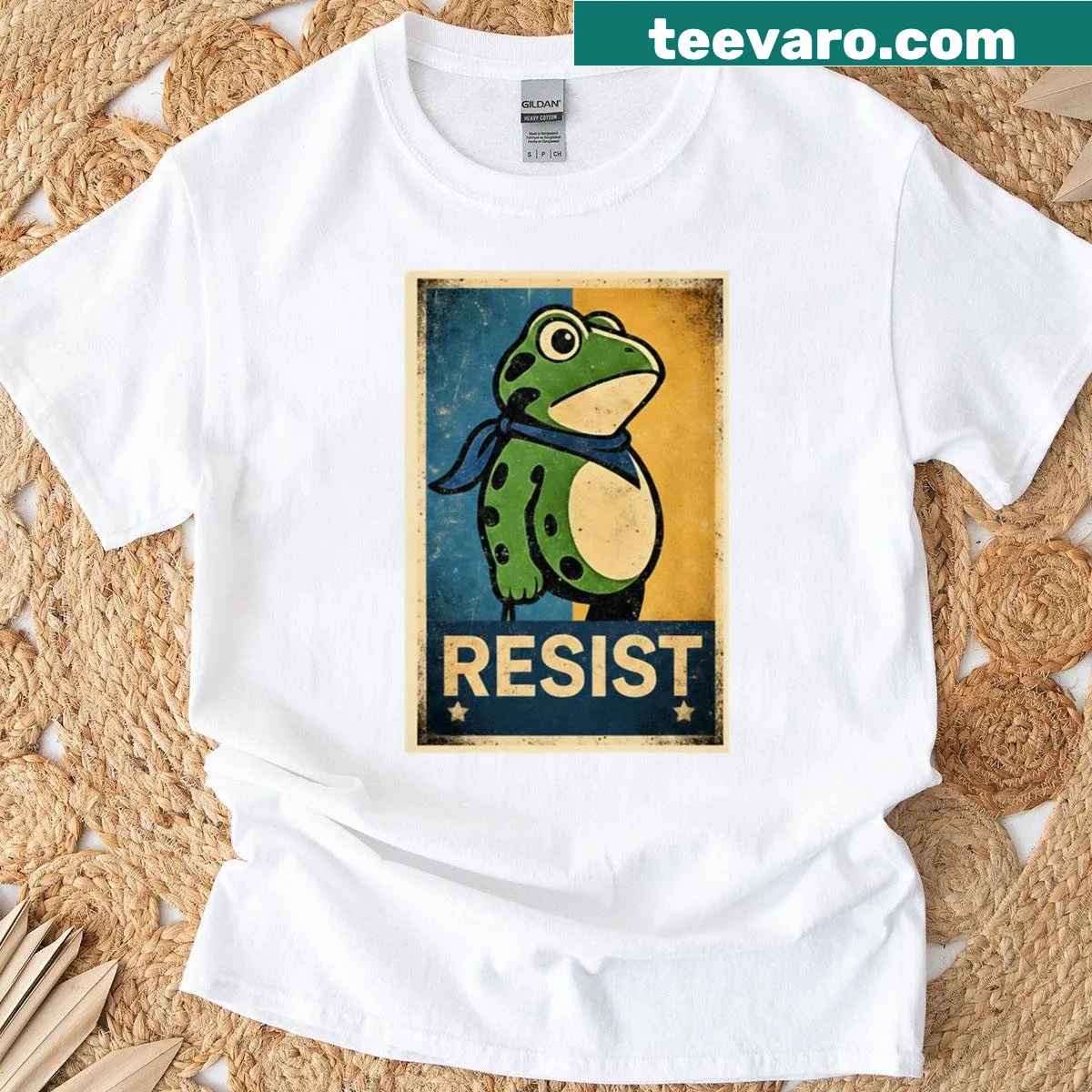 Cartoon frog graphic on oversized t-shirt — on a men's t-shirt