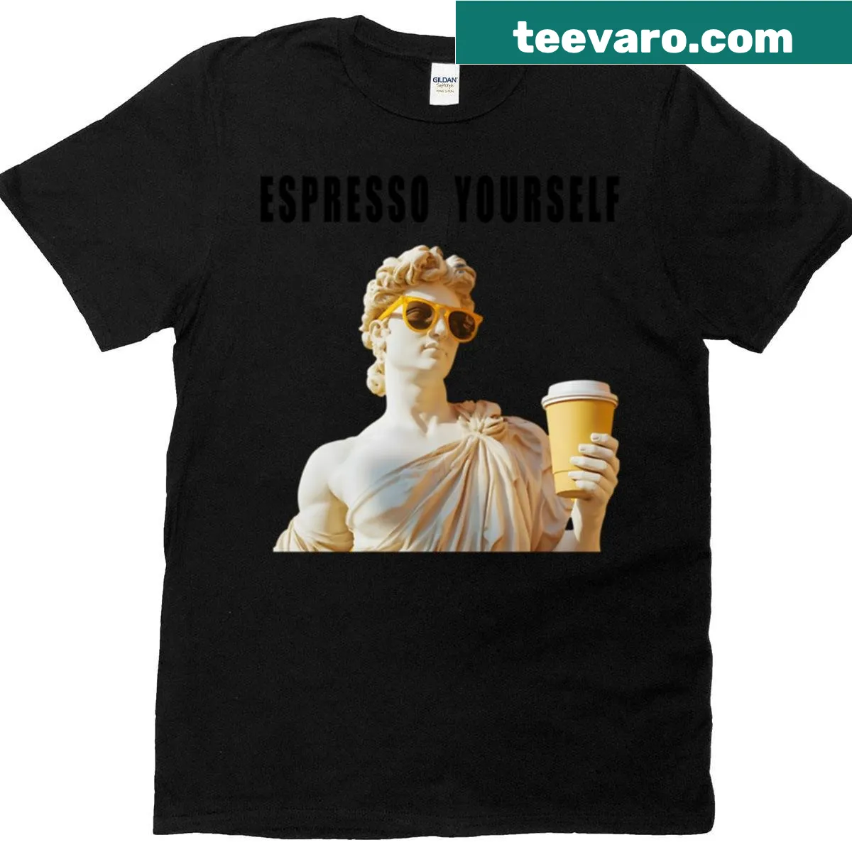 Retro Roman statue T-shirt with 'Espresso Yourself' coffee design — on a men's t-shirt