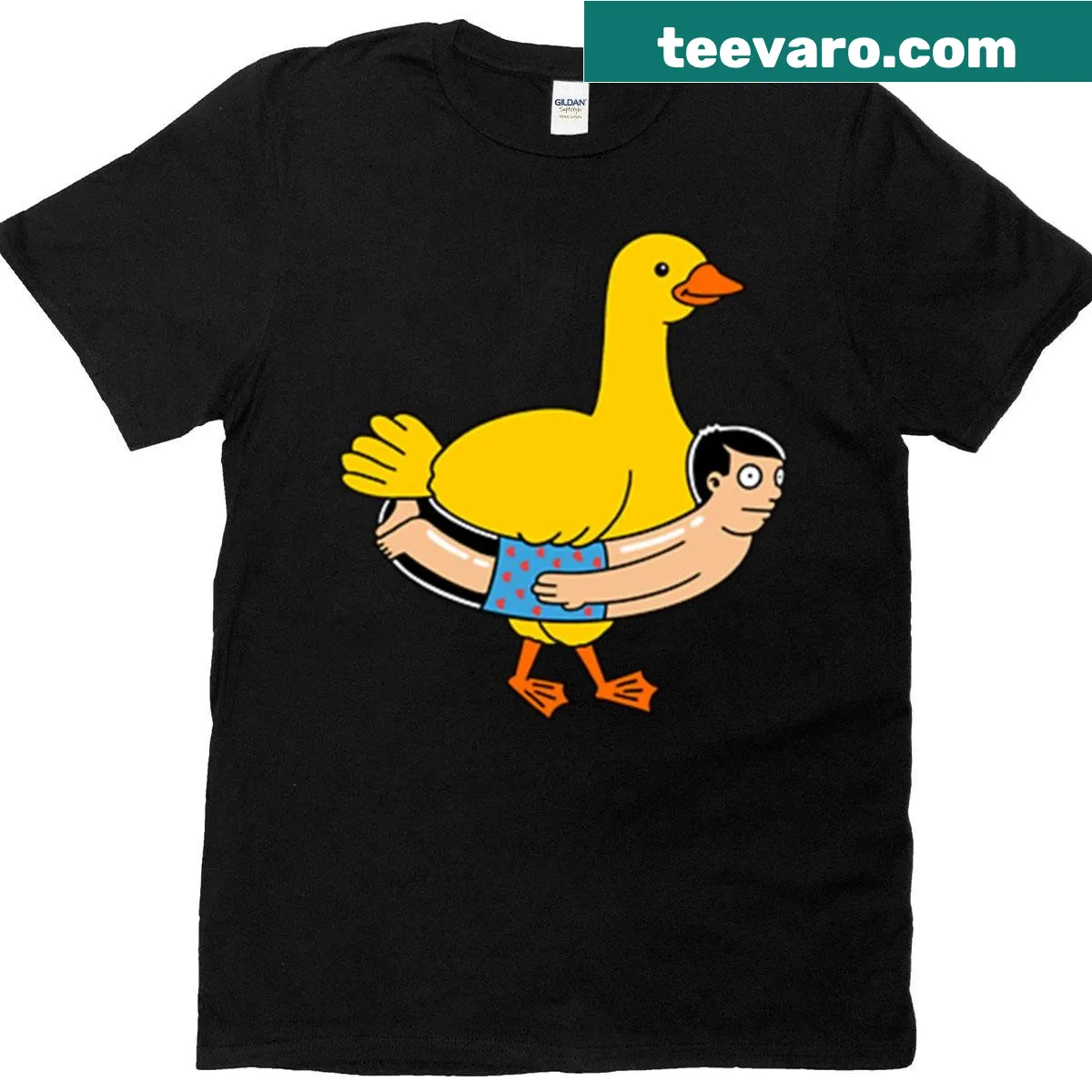 T-shirt with a whimsical graphic of a reverse duck design — on a men's t-shirt