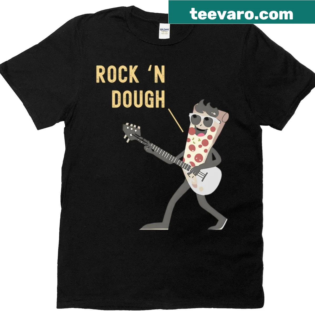 Funny musician T-shirt featuring a guitarist playing pizza instead of a guitar. — on a men's t-shirt