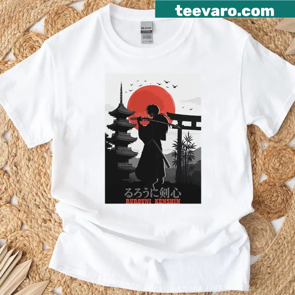 Shirt featuring samurai sunset art with a temple and torii gate.