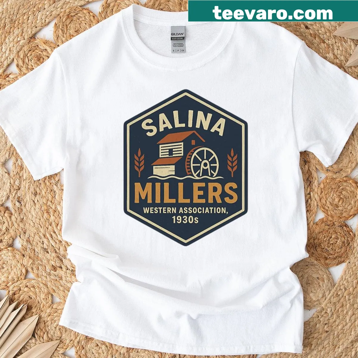 Vintage t-shirt featuring the Salina Millers baseball logo from the 1930s — on a men's t-shirt