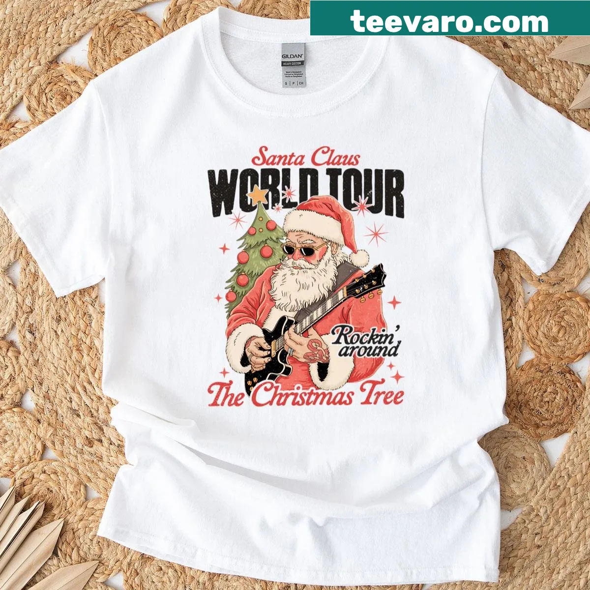 Illustrative design of Santa on a world tour for Christmas celebrations. — on a men's t-shirt