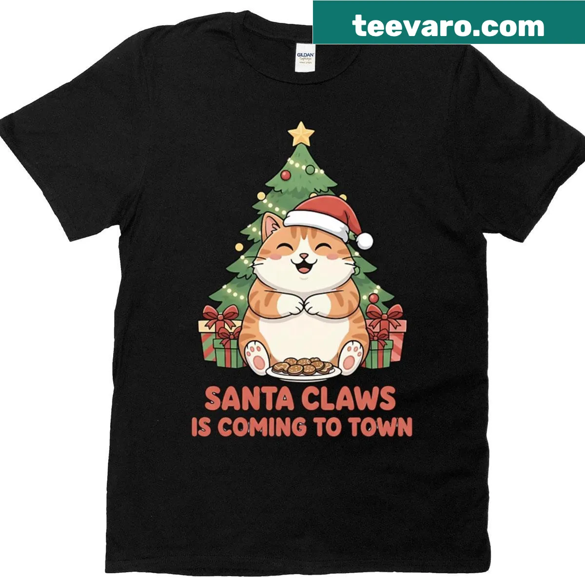 Playful Santa Claws holiday shirt with cat theme — on a men's t-shirt