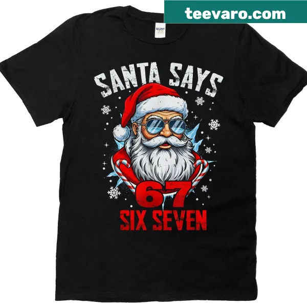 Funny Christmas meme tee with Santa says six seven text