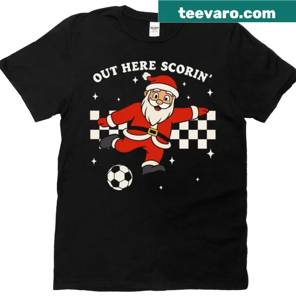 Santa character scoring soccer during Christmas on T-shirt