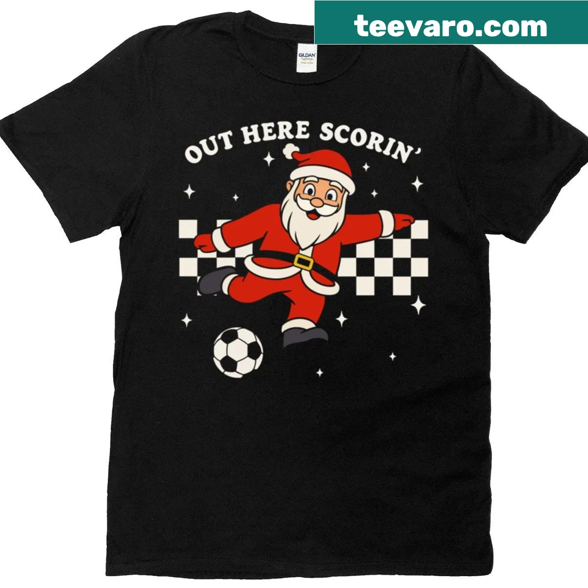 Santa character scoring soccer during Christmas on T-shirt — on a men's t-shirt