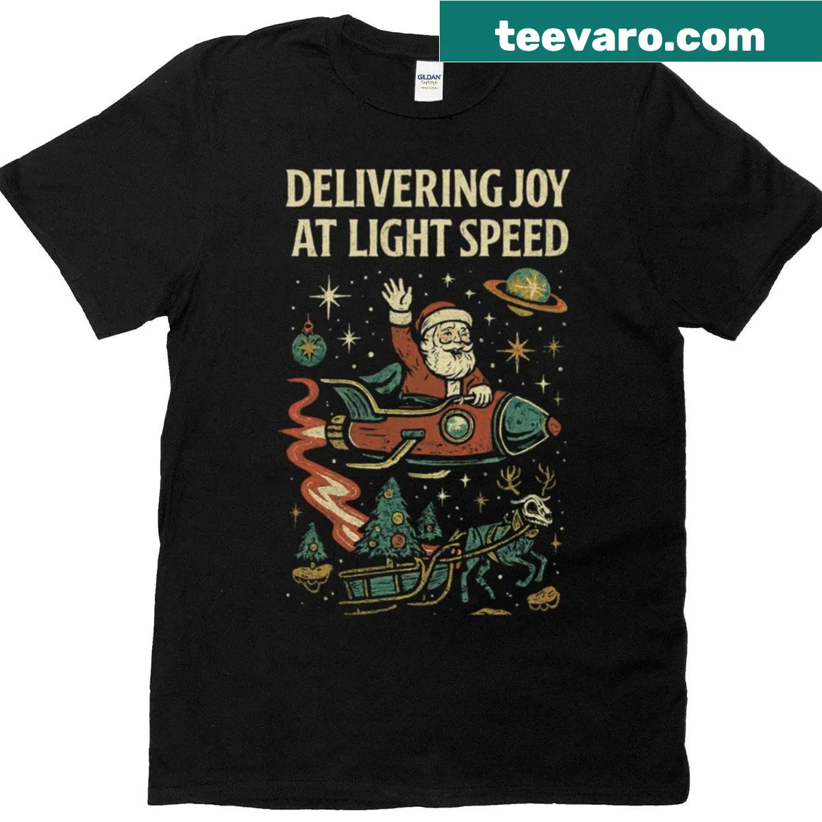 Santa's cosmic rocket delivery Christmas T-shirt — on a men's t-shirt