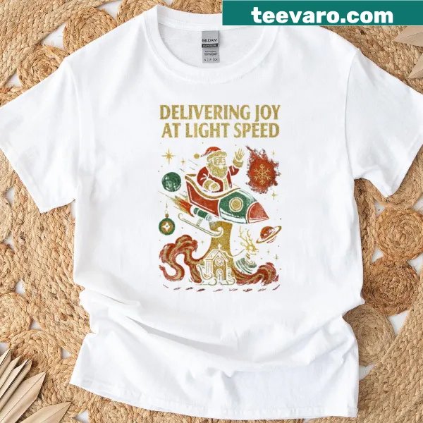 Whimsical Santa rocket sleigh design on a t-shirt