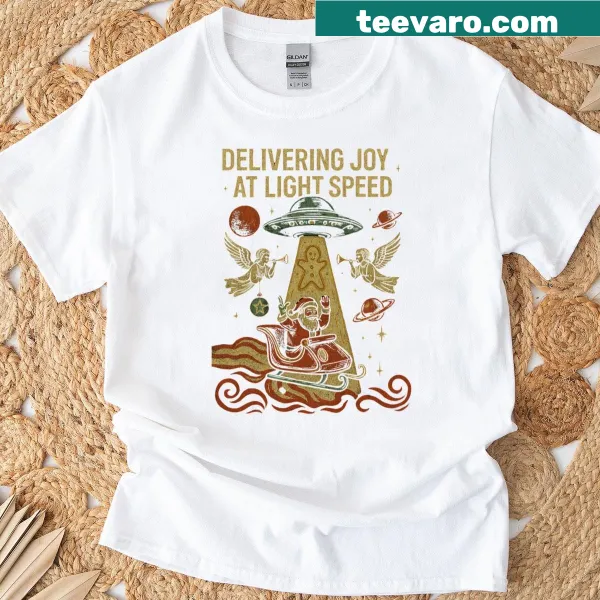 Cartoon Santa in UFO with space angels illustration t-shirt