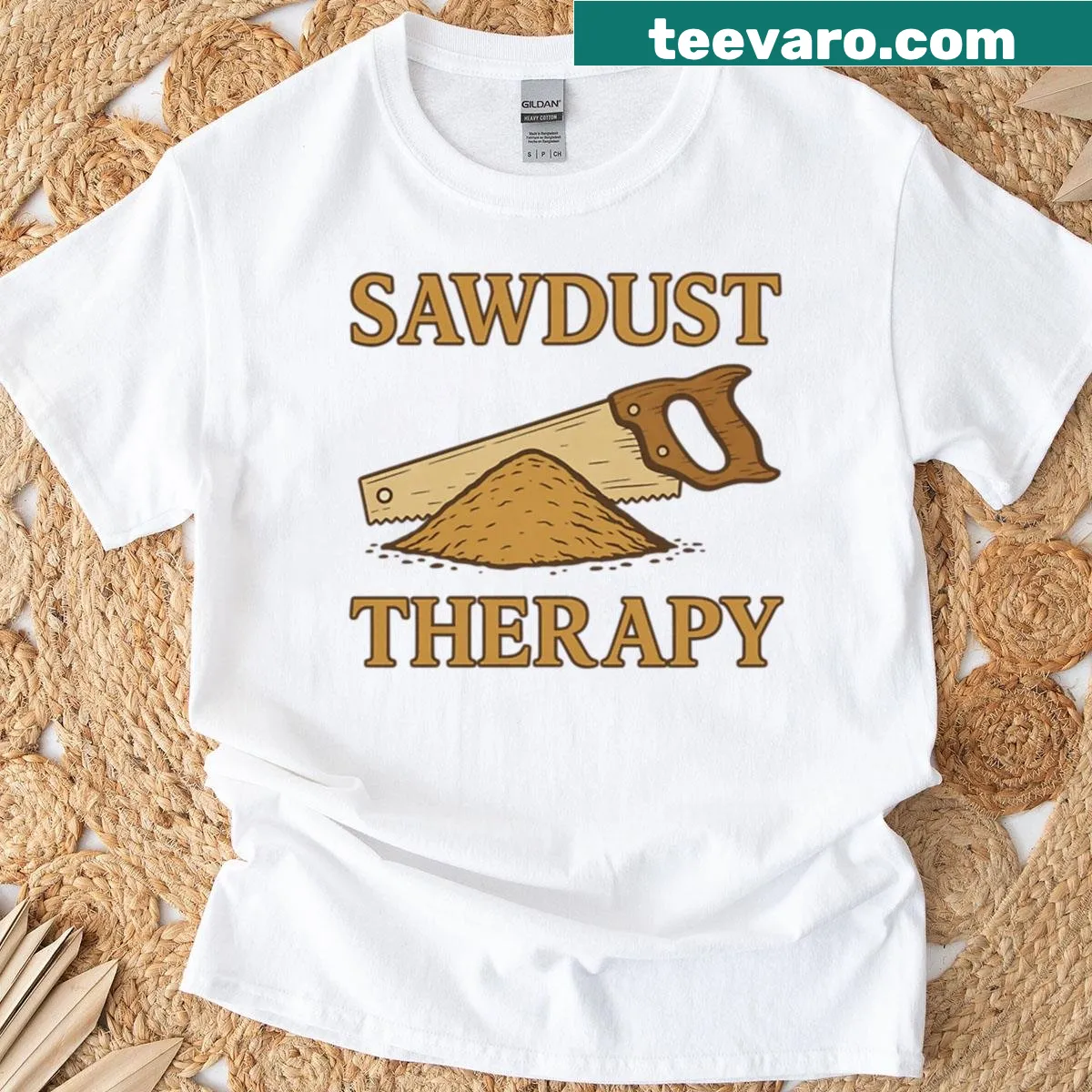 Sawdust Therapy T-shirt with woodworking design — on a men's t-shirt
