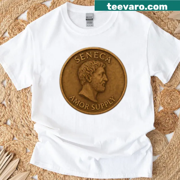 Minimalist Seneca coin design on a philosophical t-shirt