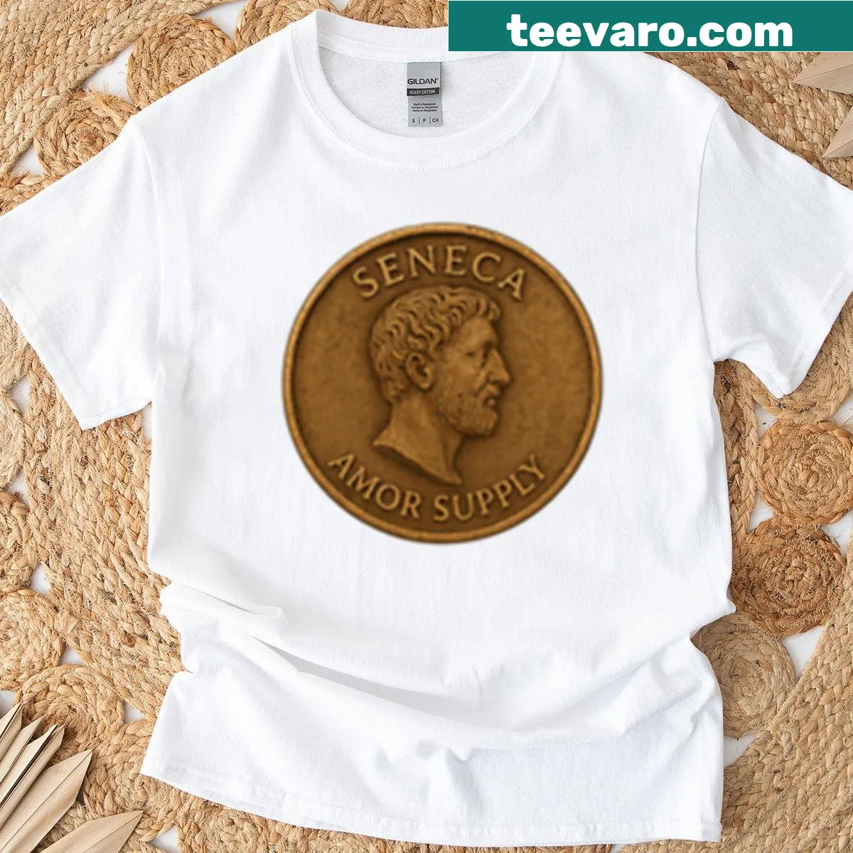 Minimalist Seneca coin design on a philosophical t-shirt — on a men's t-shirt