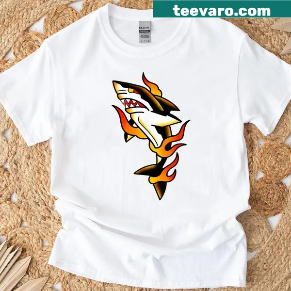 Dynamic shirt featuring a shark and flames graphic, ideal for ocean lovers.