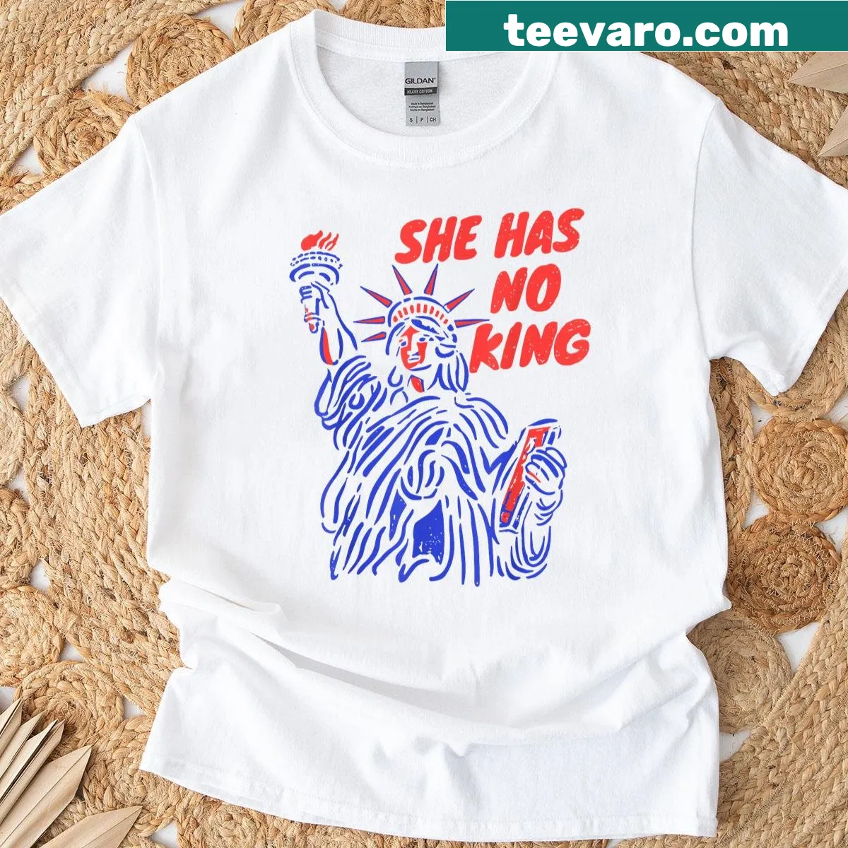 Empowering feminist t-shirt with the phrase 'She Has No King No Kings' — on a men's t-shirt