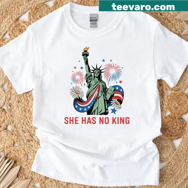 T-shirt featuring the Statue of Liberty with the phrase 'She Has No King'