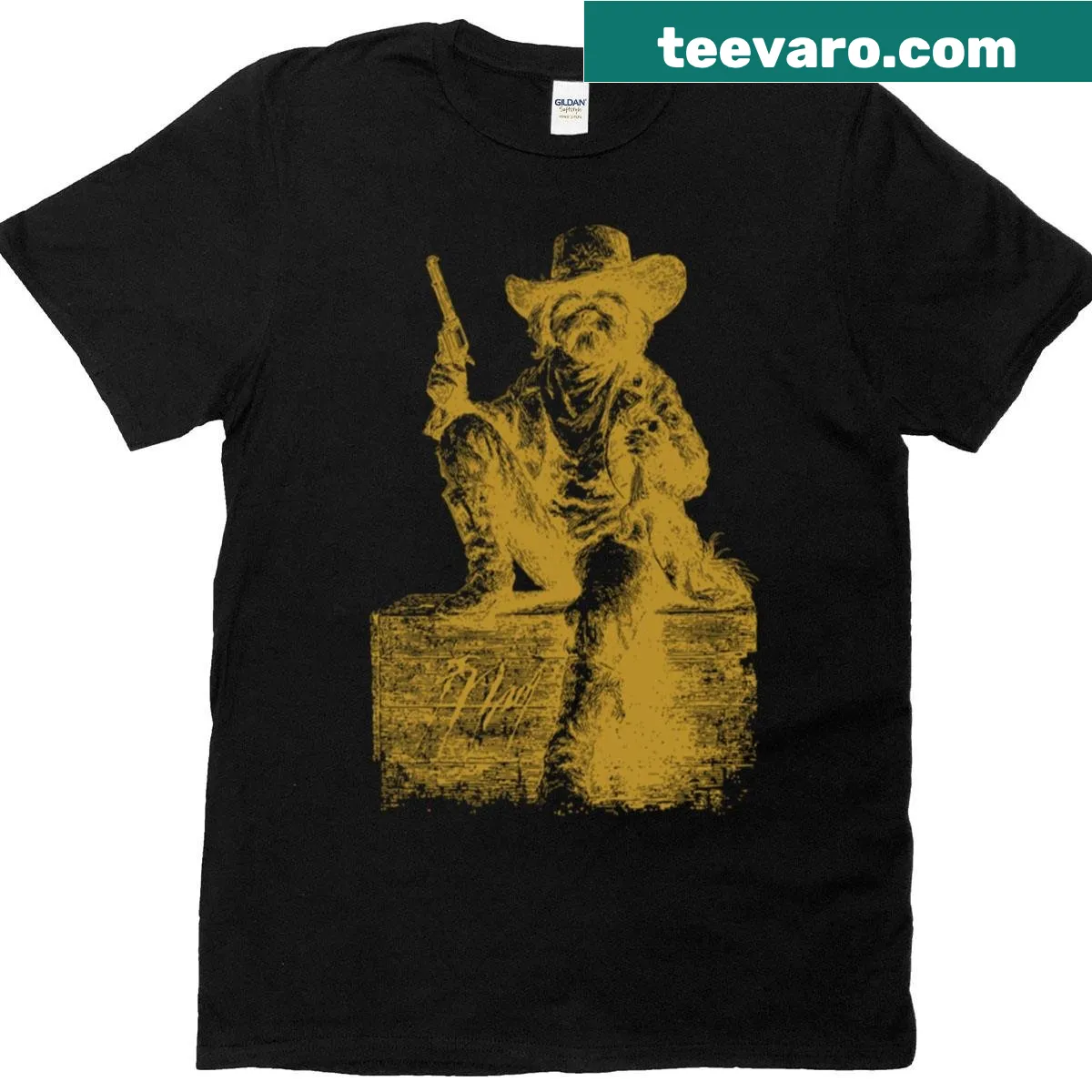 Cartoon Shih Tzu cowboy on a wooden crate graphic — on a men's t-shirt