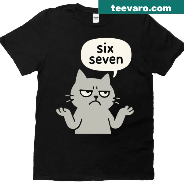 Funny cat meme design on a 'Six Seven' themed t-shirt for gamers.