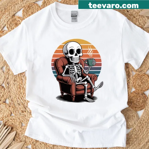 Relaxed skeleton illustration on chill-themed t-shirt
