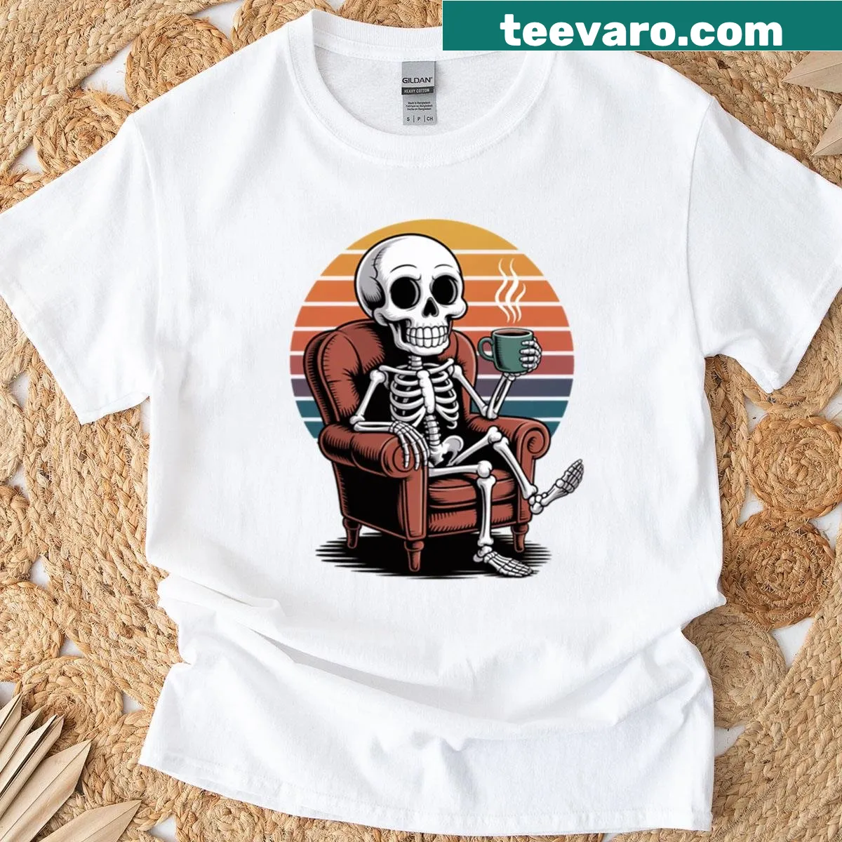 Relaxed skeleton illustration on chill-themed t-shirt — on a men's t-shirt