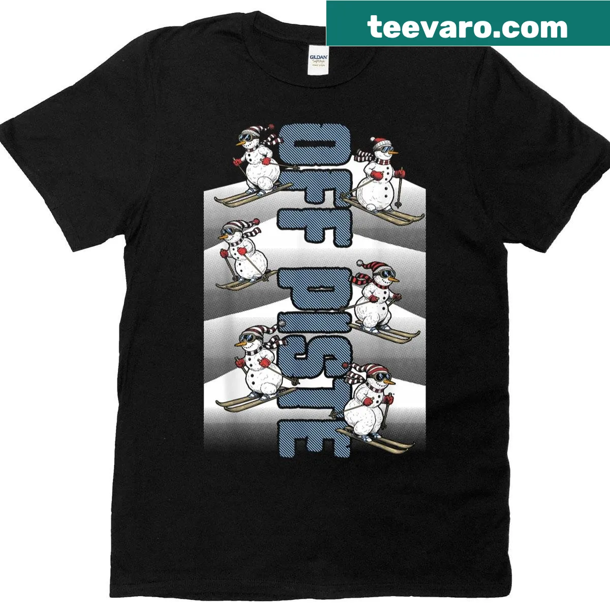 Cartoon snowman skier t-shirt with funny skiing graphics — on a men's t-shirt