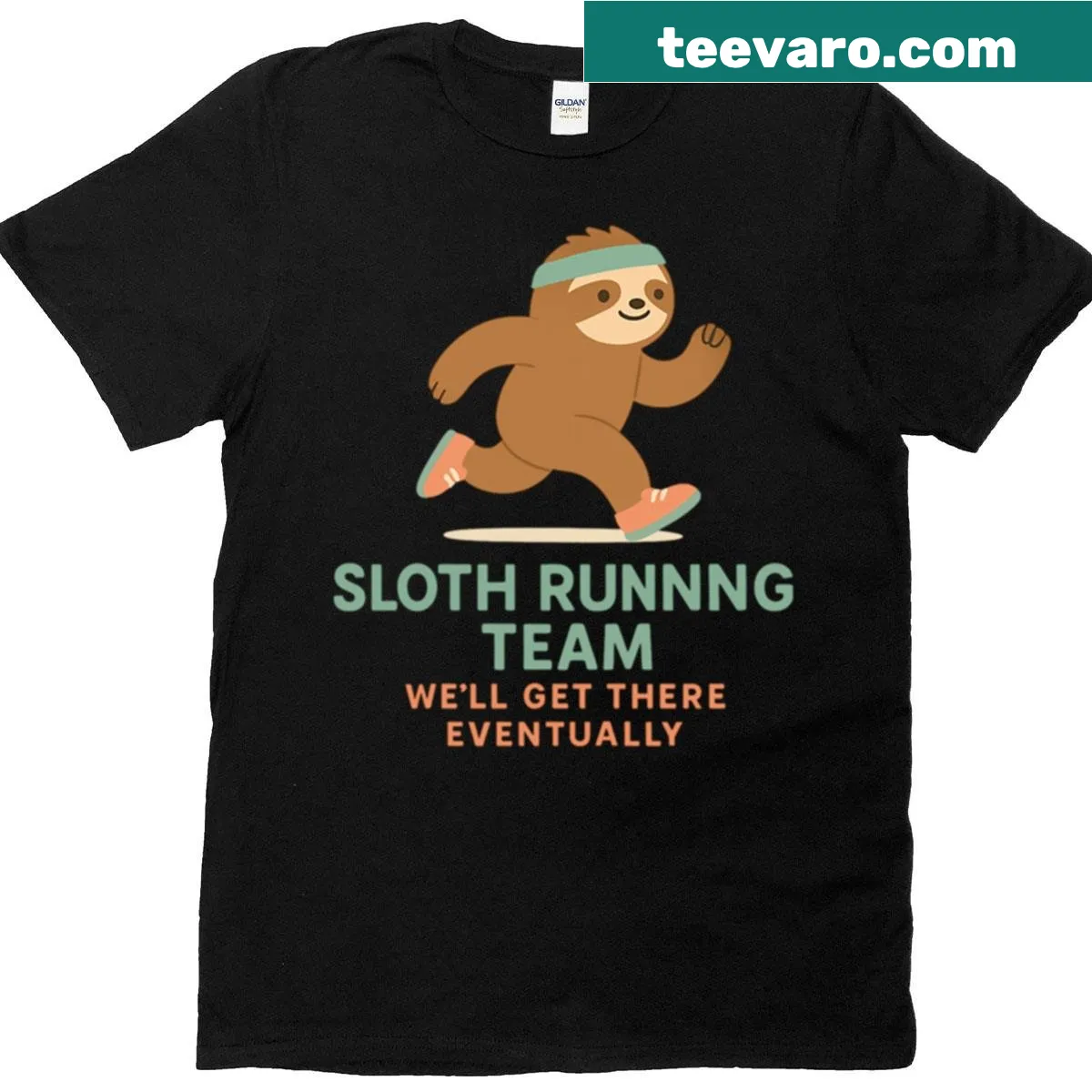 Funny sloth running team graphic with a lazy sloth in running shoes — on a men's t-shirt