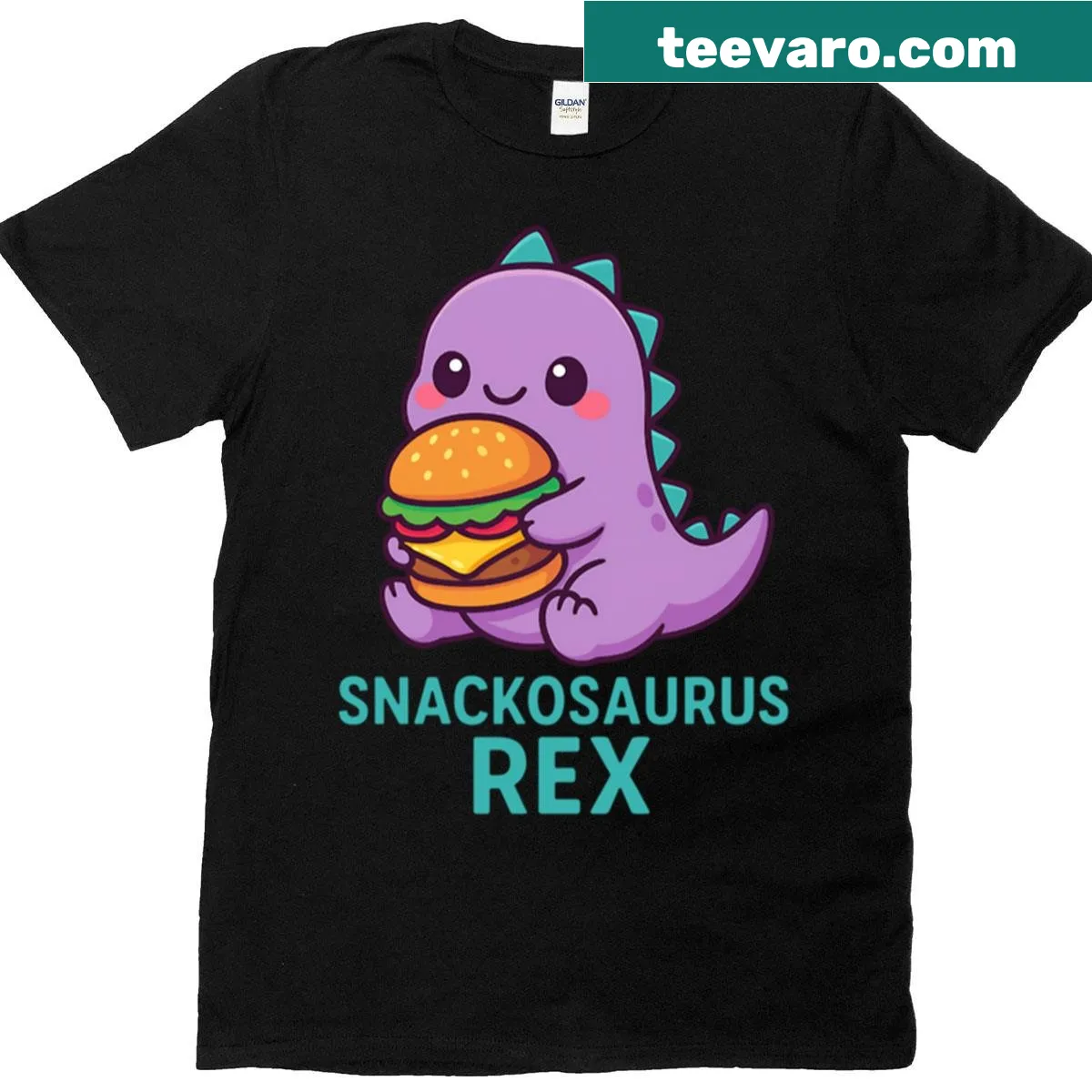 Cute dinosaur burger lover cartoon t-shirt — on a men's t-shirt