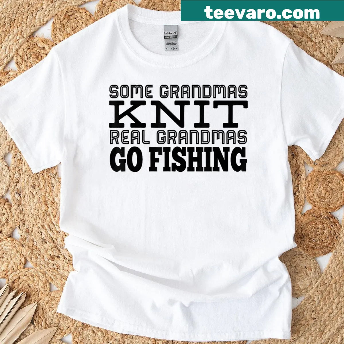 Funny grandma t-shirt with fishing and knitting theme — on a men's t-shirt
