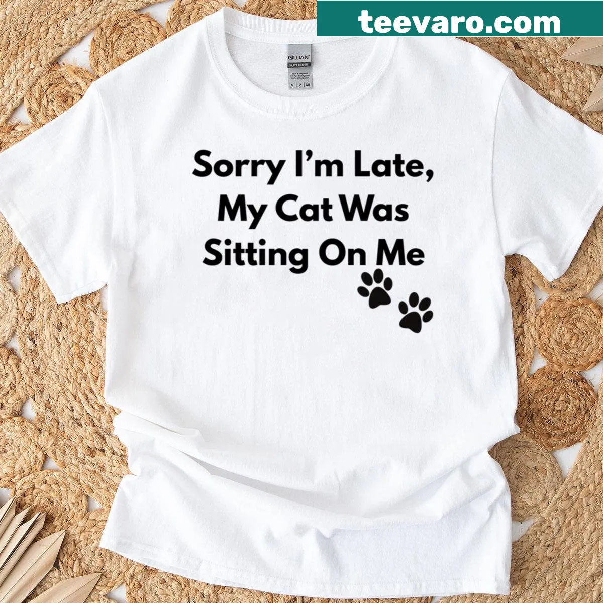 Funny T-shirt with the saying Sorry I'm Late My Cat Was Sitting On Me — on a men's t-shirt