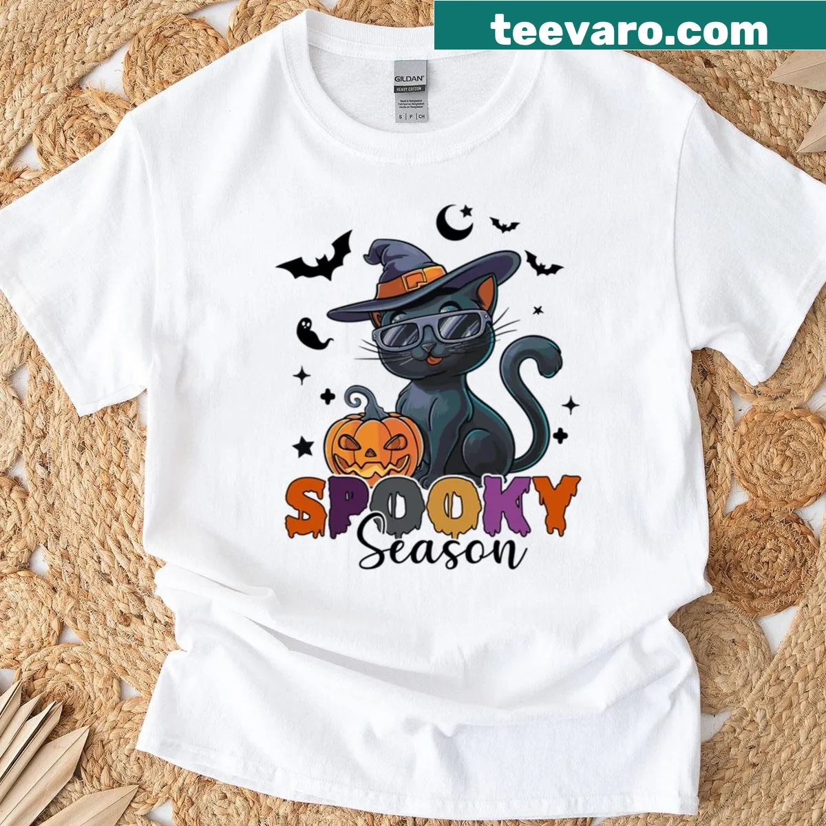 Oversized T-shirt with a spooky witch cat design for Halloween — on a men's t-shirt