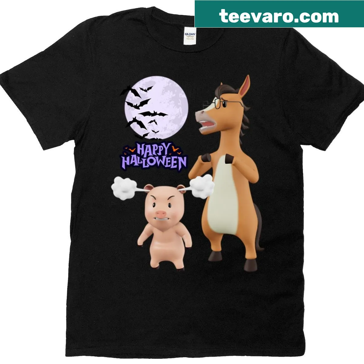 Halloween-themed t-shirt featuring whimsical spooky friends on an adventure — on a men's t-shirt