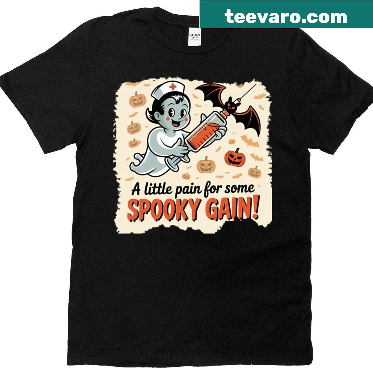 Funny ghost nurse graphic with syringe and bat on a t-shirt — on a men's t-shirt