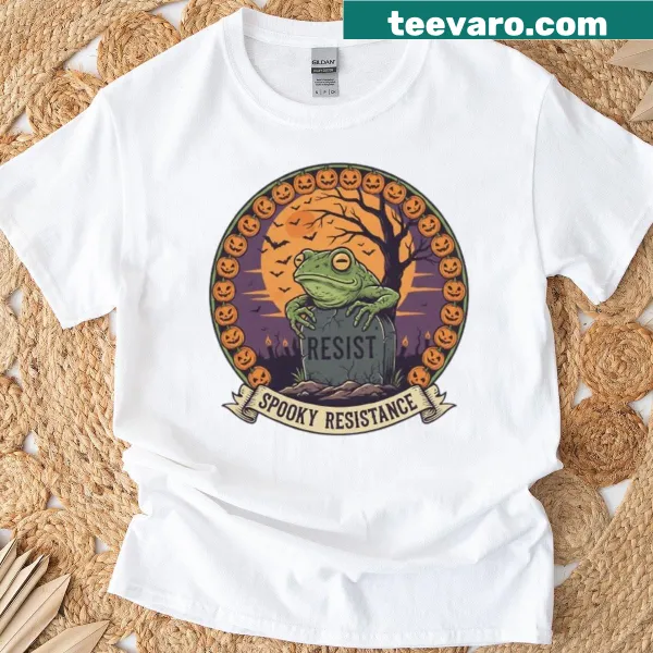 Cartoon Halloween frog with spooky elements on a T-shirt