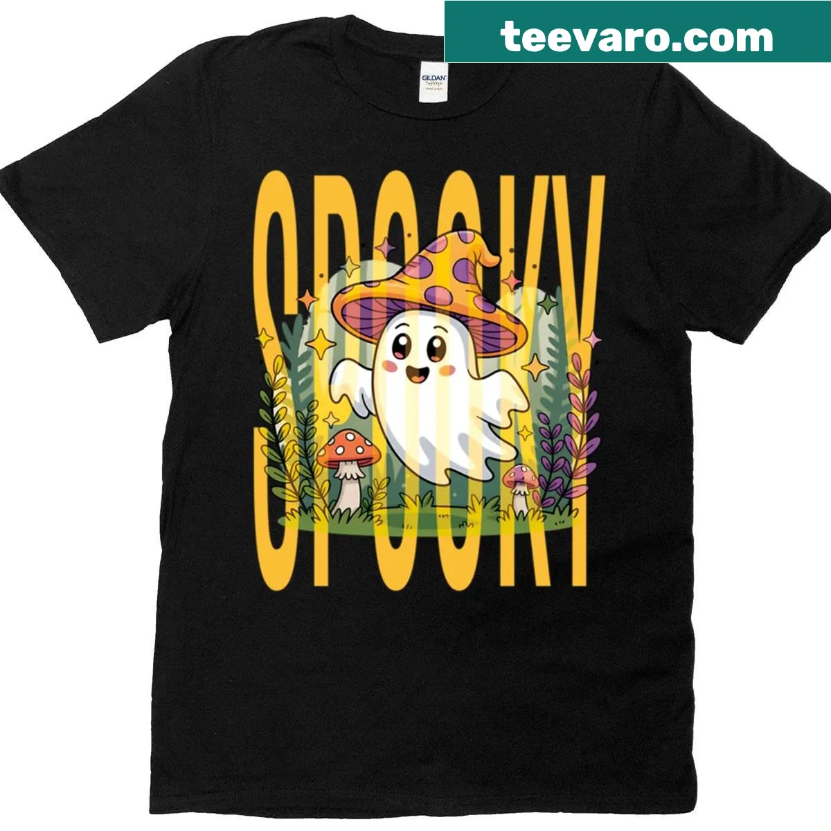 Whimsical Halloween shirt featuring a ghostly mushroom wearing a hat — on a men's t-shirt