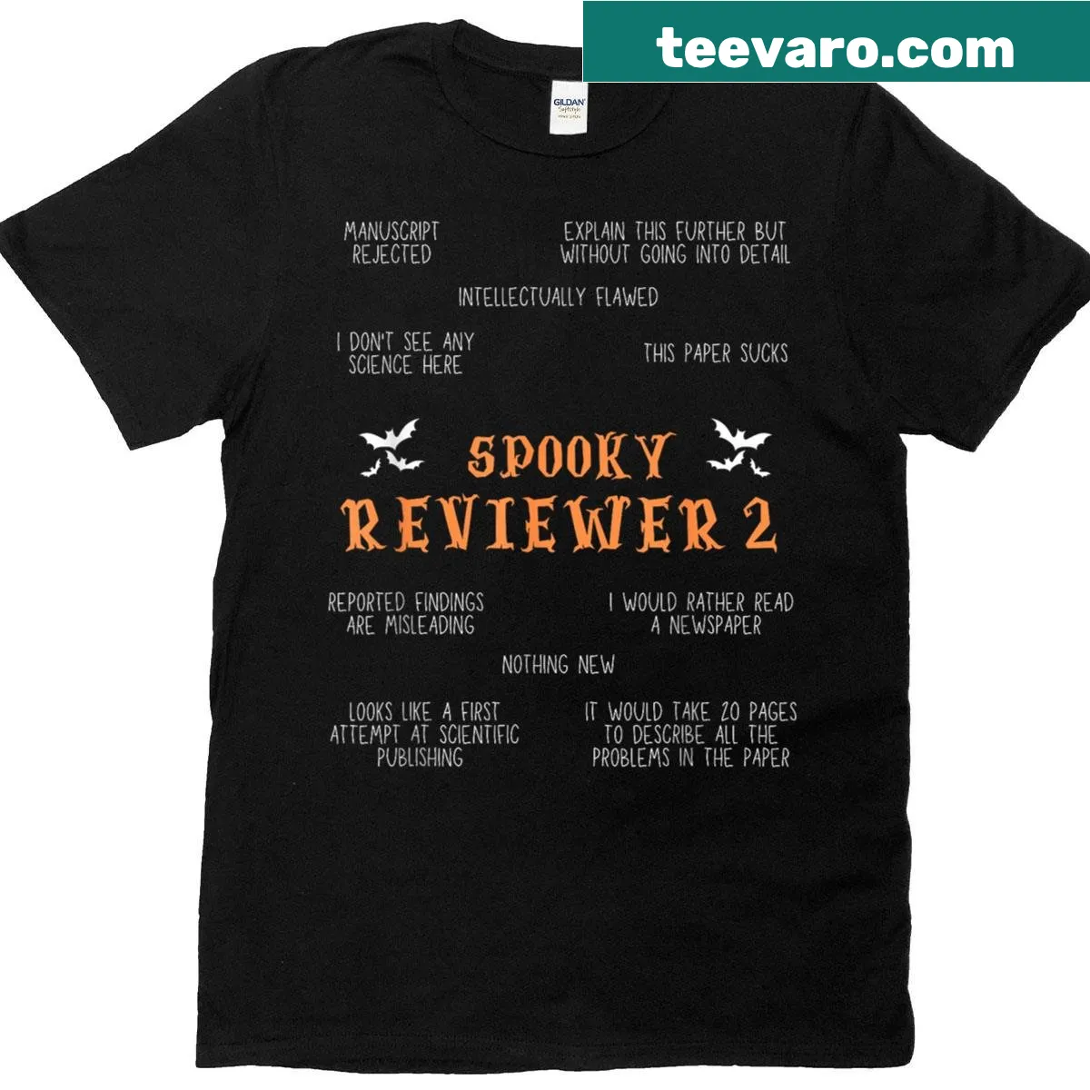Halloween-themed academic t-shirt with spooky reviewer text — on a men's t-shirt