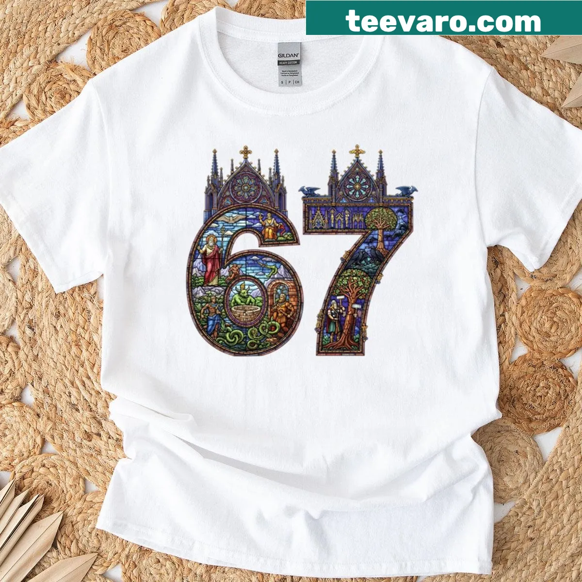 Artistic stained glass graphic featuring the number 67 on a T-shirt — on a men's t-shirt