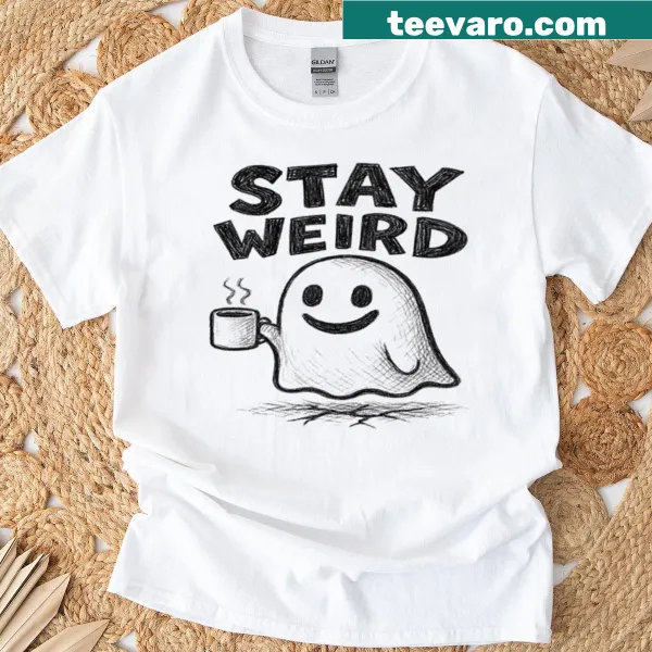Hand-drawn ghost with coffee cup design on oversized t-shirt
