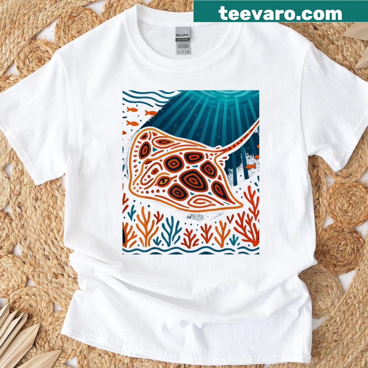 Stingray design T-shirt inspired by Mola art of Panama — on a men's t-shirt