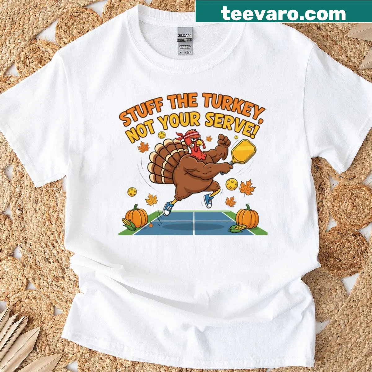 Funny Thanksgiving pickleball t-shirt with turkey graphic — on a men's t-shirt