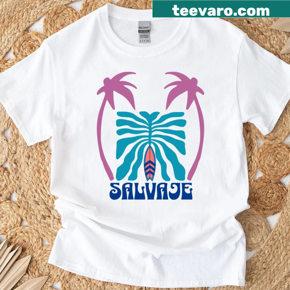 Distressed T-shirt with palm tree and abstract surfboard graphic — on a men's t-shirt