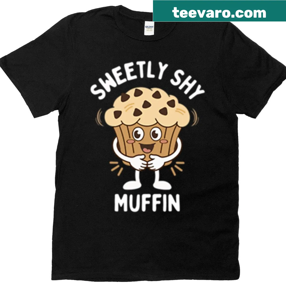 Kawaii cartoon muffin T-shirt with a shy expression for kids — on a men's t-shirt
