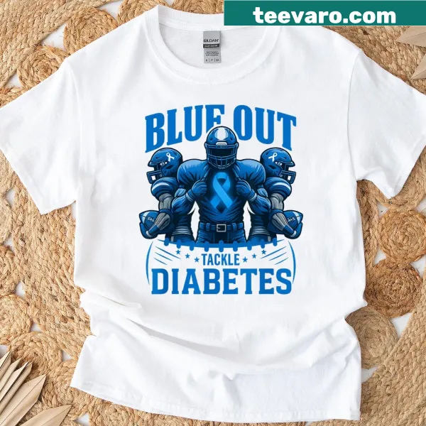 Blue ribbon and football design for diabetes awareness on a t-shirt