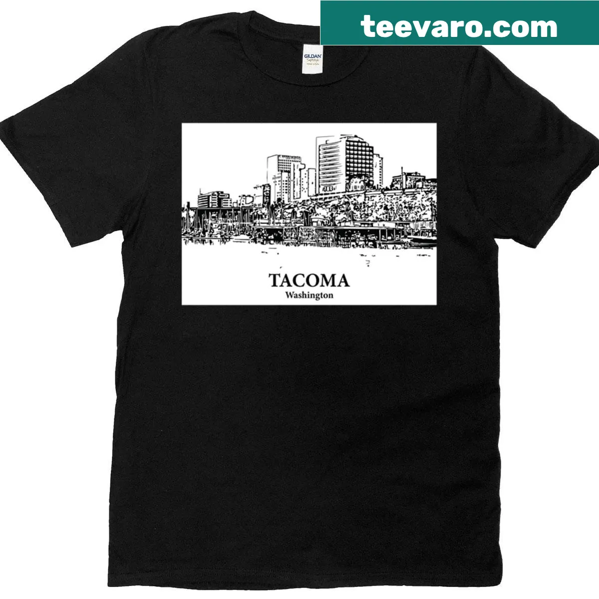 T-shirt featuring Tacoma, Washington, with a clean design — on a men's t-shirt